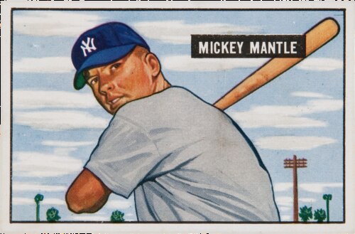 1951 Bowman #253 Mickey Mantle rookie card: a horizontal painted portrait of Mantle in a gray Yankees road uniform and navy cap with his bat raised, his name on a black plate in the upper right