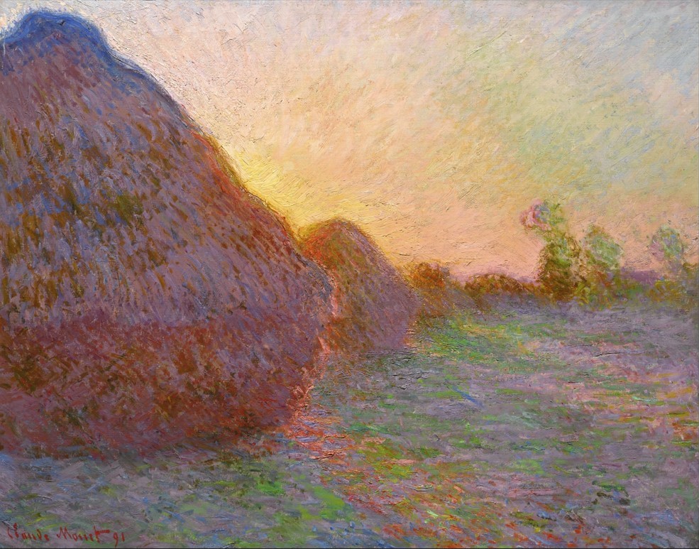 Claude Monet's Meules (1890), the grainstack canvas signed and dated '91 that sold at Sotheby's New York on May 14, 2019 for $110.7 million — two haystacks against a sunset sky at Giverny