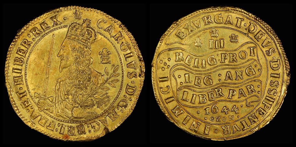 1644 Oxford triple unite of Charles I, obverse and reverse — the Declaration reverse dated 1644 with OXON below — the Smithsonian National Numismatic Collection's example, not the ex-Virgil Brand specimen the FLOAT constituent is priced on.