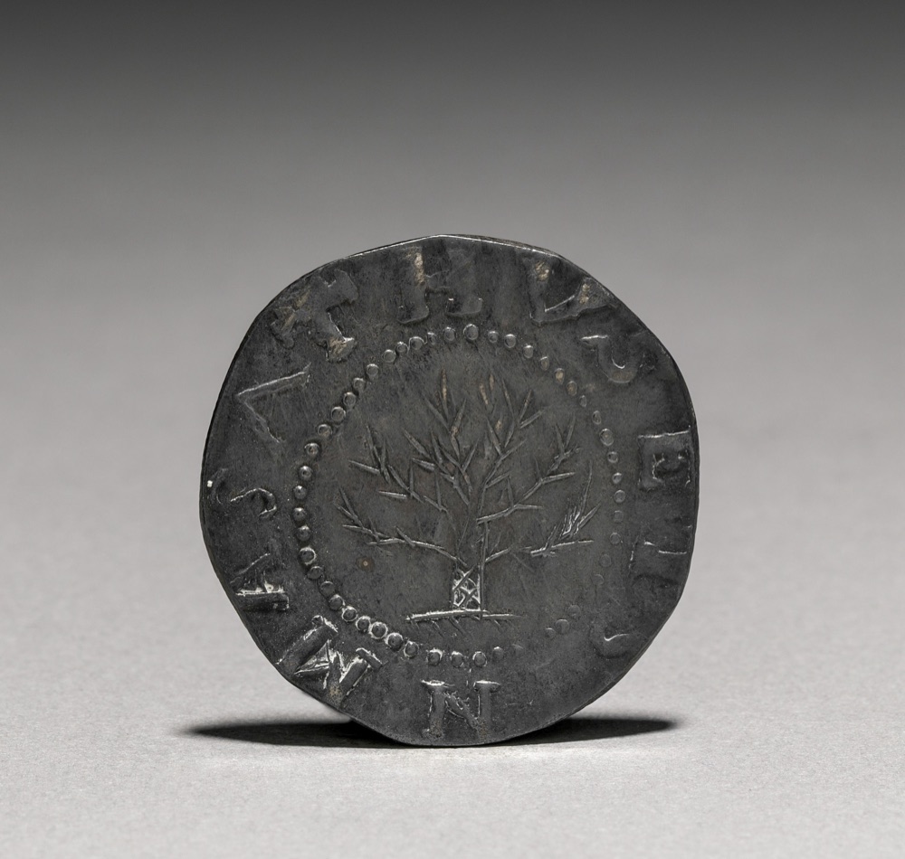 1652 Massachusetts Oak Tree shilling obverse with IN at the bottom of the legend — the Cleveland Museum of Art's example of the same issue; the tracked Noe-4 PCGS MS65 specimen is a different coin