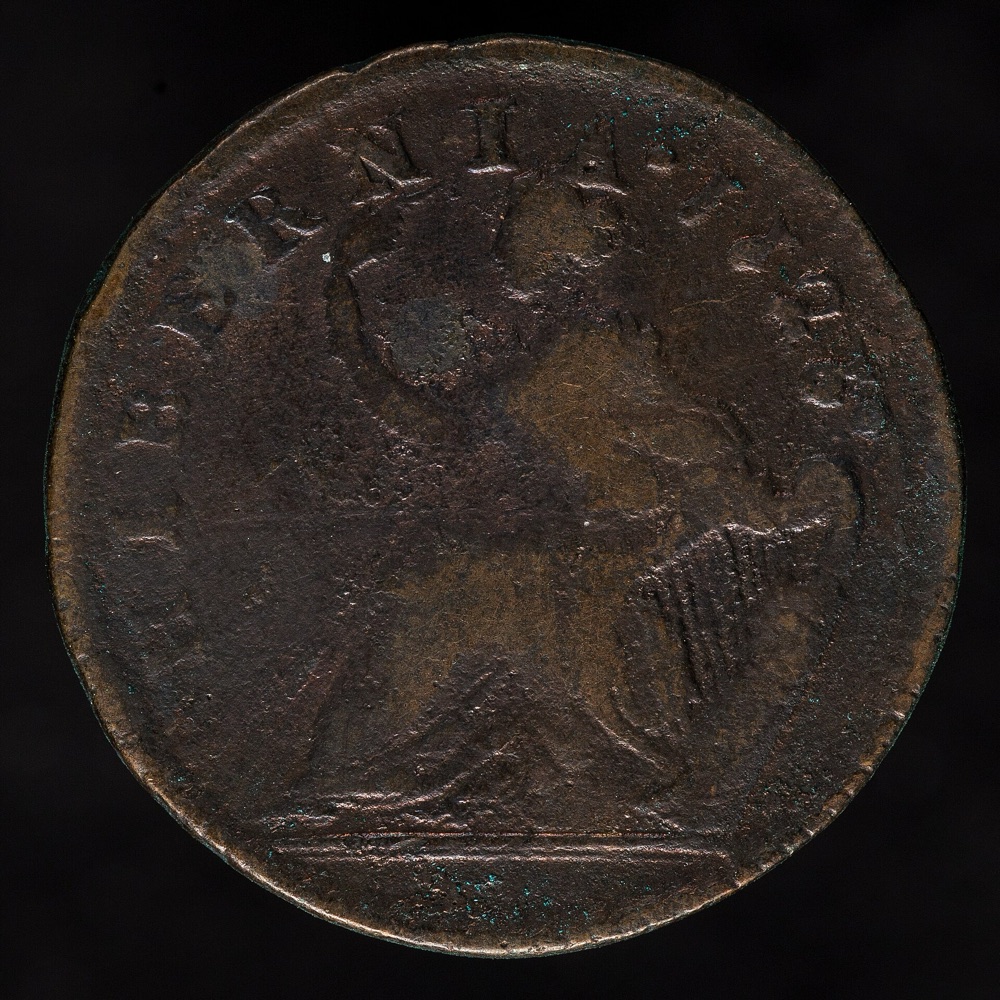 1723 Wood's Hibernia halfpenny, reverse with seated Hibernia and harp — Ghent University Library's example of the same issue; the tracked Martin-variety PCGS MS63-65 specimen is a different coin
