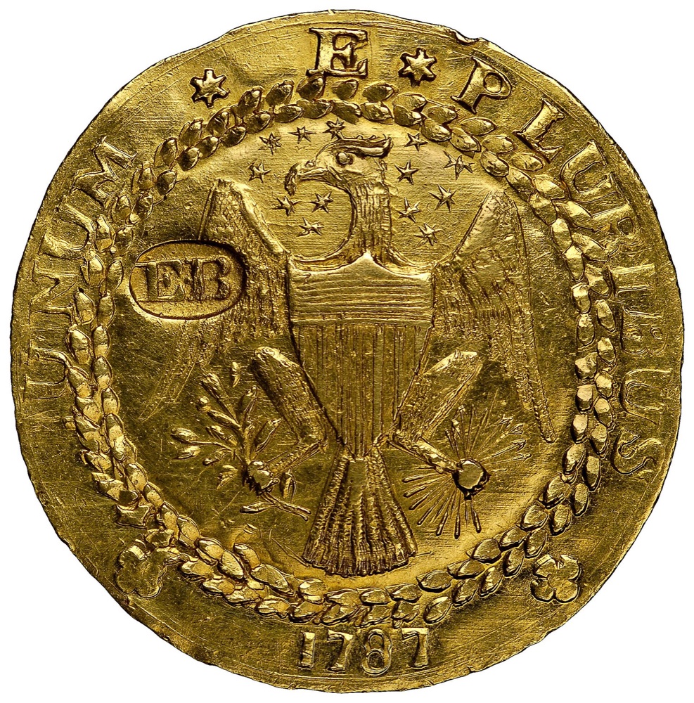 A 1787 Brasher doubloon with the EB counterstamp on the eagle's wing — the MS63 example sold by Heritage Auctions in January 2014, not the Partrick specimen the FLOAT constituent is priced on.