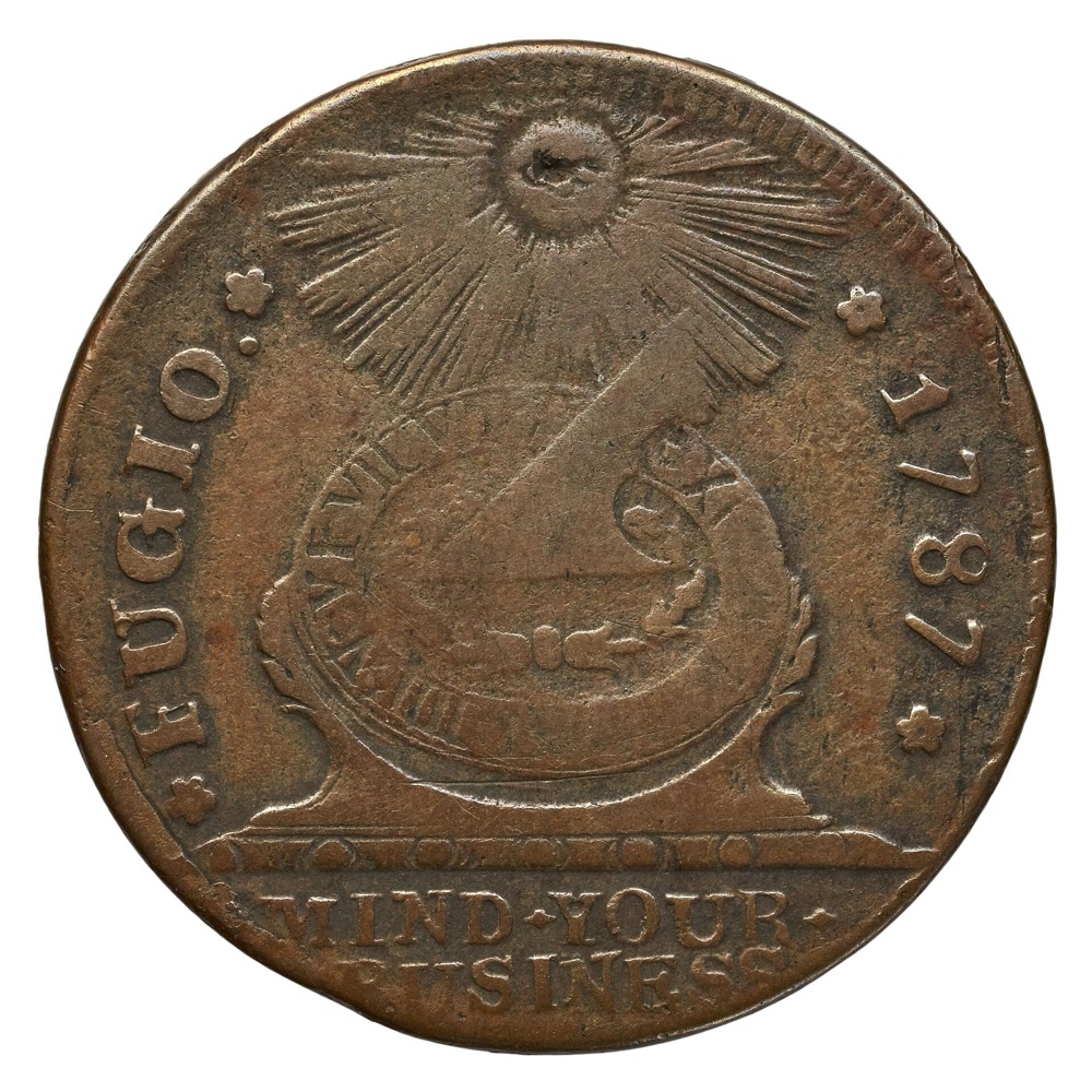 1787 Fugio cent, sundial side with FUGIO, 1787, four cinquefoils and pointed rays — the Bibliothèque nationale de France's example of the same issue; the tracked Newman 12-X MS66 Brown specimen is a different coin