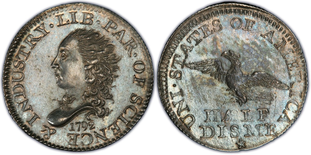 A 1792 half disme (Judd-7), obverse and reverse. Issue-level image; the pictured specimen is unidentified, and the FLOAT constituent is priced on the Starr specimen.