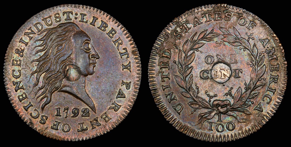 1792 silver center cent pattern, obverse and reverse, the inserted silver plug visible at center — the Smithsonian National Numismatic Collection's example, not the PCGS MS63+ Brown specimen the FLOAT constituent is priced on.