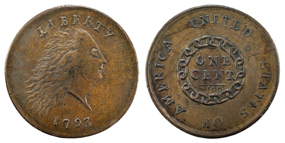 1793 Flowing Hair Chain cent, reverse reading AMERICA in full — the Smithsonian's example of the same issue; the tracked Sheldon-4 PCGS MS65 Brown CAC specimen is a different coin