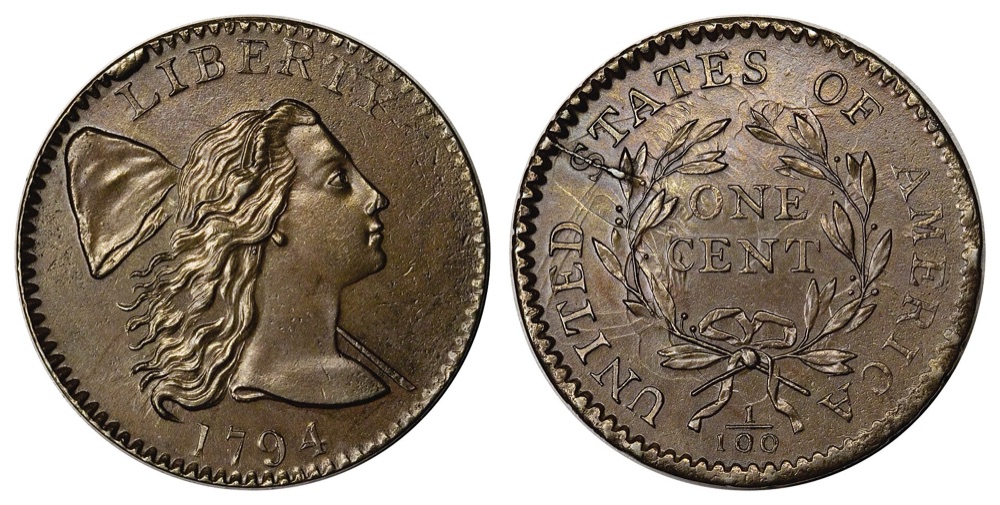 1794 Liberty Cap large cent, Sheldon-32 'Venus Marina' — a Head of 1794 die variety — obverse and reverse of the example sold by Heritage Auctions in February 2008; the FLOAT constituent is priced on the Sheldon-22 PCGS MS63 Brown, a different Head of 1794 variety.