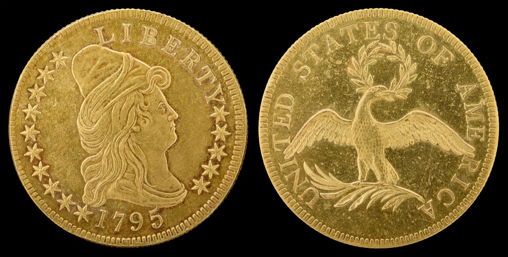 1795 Capped Bust Small Eagle ten-dollar gold piece, obverse and reverse with the 13-leaves palm branch — the Smithsonian's example of the same issue; the tracked BD-1 MS63-64 specimen is a different coin