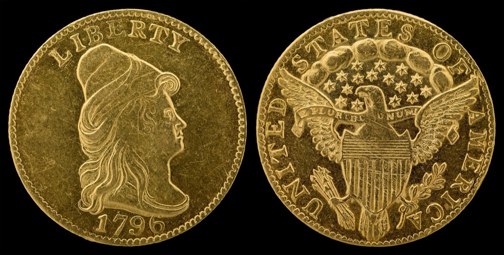 1796 No Stars quarter eagle, obverse and reverse — the Smithsonian's example of the same issue; the tracked BD-2 NGC MS63 specimen is a different coin
