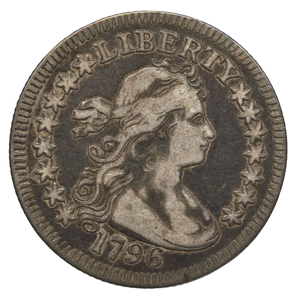 1796 Draped Bust quarter dollar obverse, dated 1796 — the Bibliothèque nationale de France's example of the same issue; the tracked B-1 PCGS MS61 Frost Collection specimen is a different coin