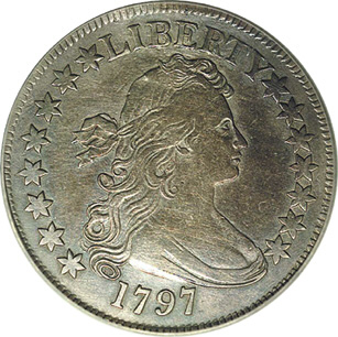 Obverse of a 1797 Draped Bust, Small Eagle half dollar; pictured specimen unidentified. The FLOAT constituent is priced on the NGC AU55 example sold in June 2018.