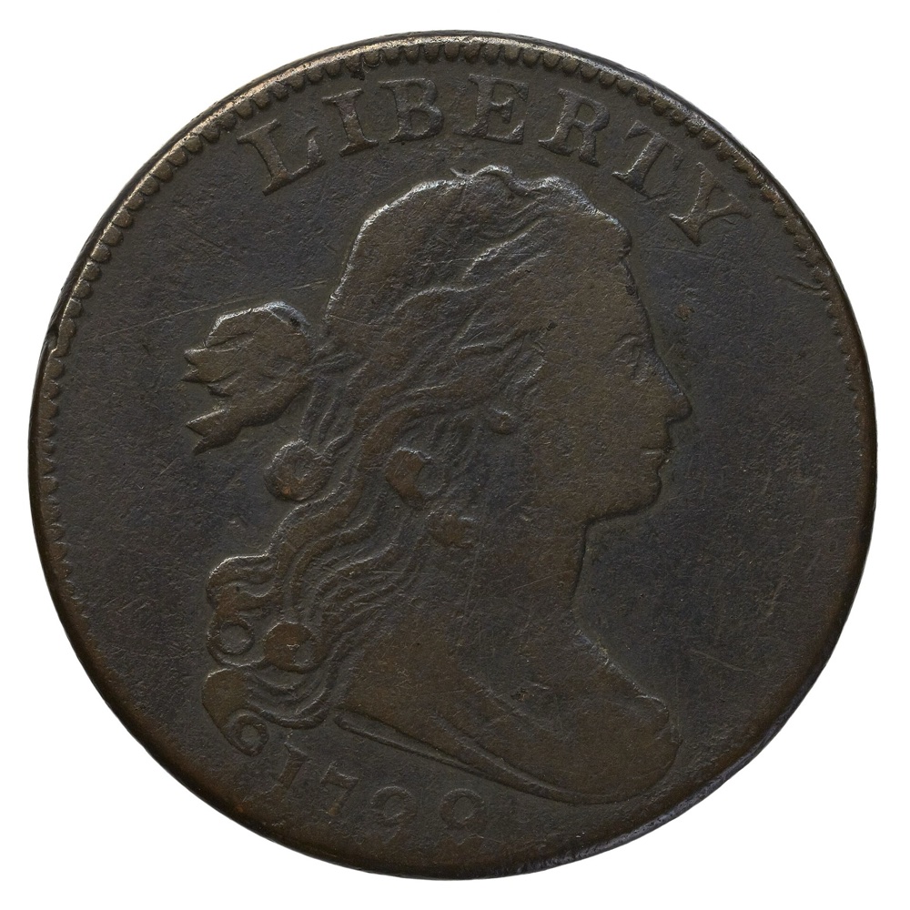1799 Draped Bust large cent obverse, dated 1799 — the Bibliothèque nationale de France's example of the same key date; the tracked Sheldon-188 NGC AU Details specimen is a different coin