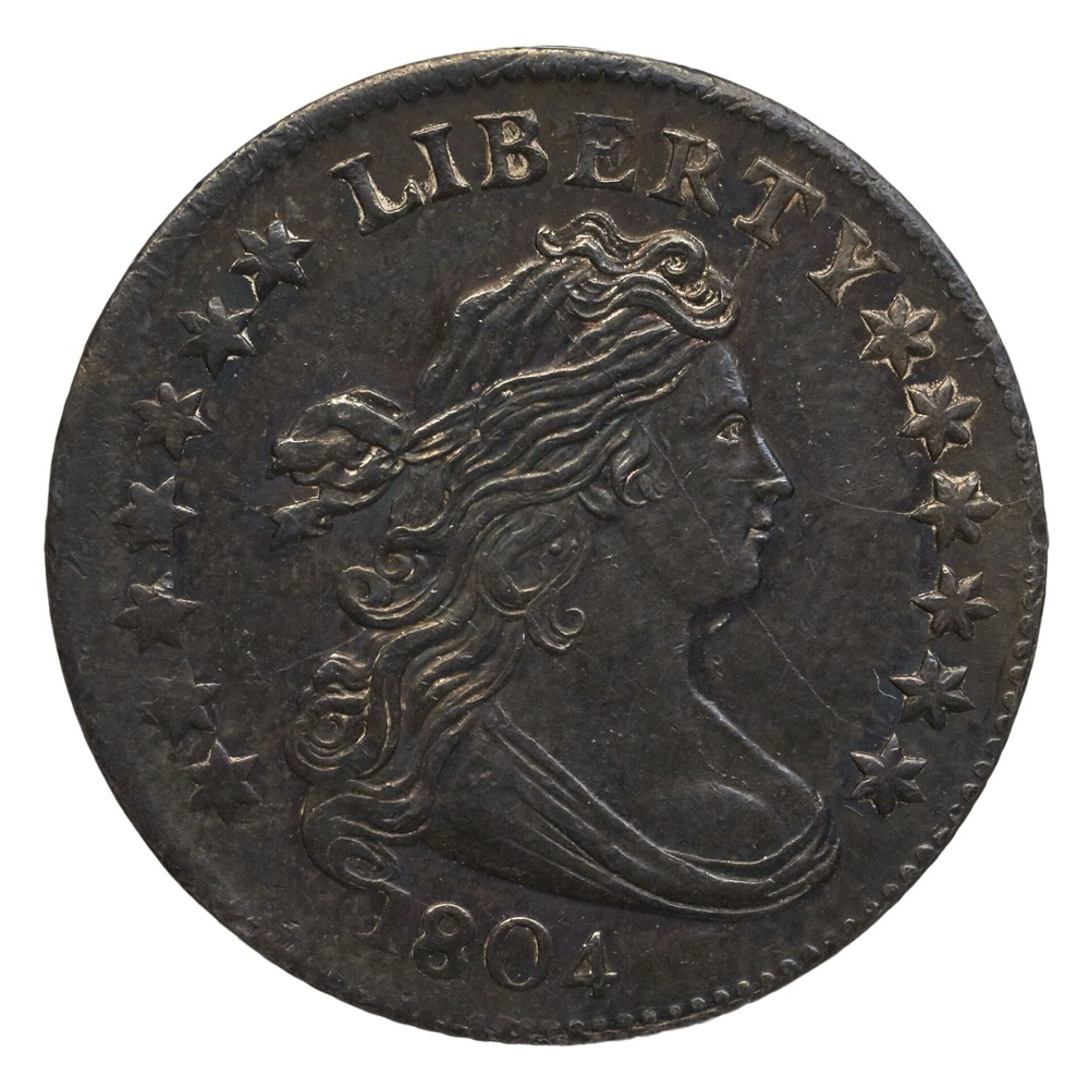 Obverse of an 1804 Draped Bust dime — the Bibliothèque nationale de France's example (Vattemare collection). The BnF does not state its reverse star-count variety; the FLOAT constituent is priced on the 14-star-reverse NGC AU58 CAC, a different, specifically identified coin.