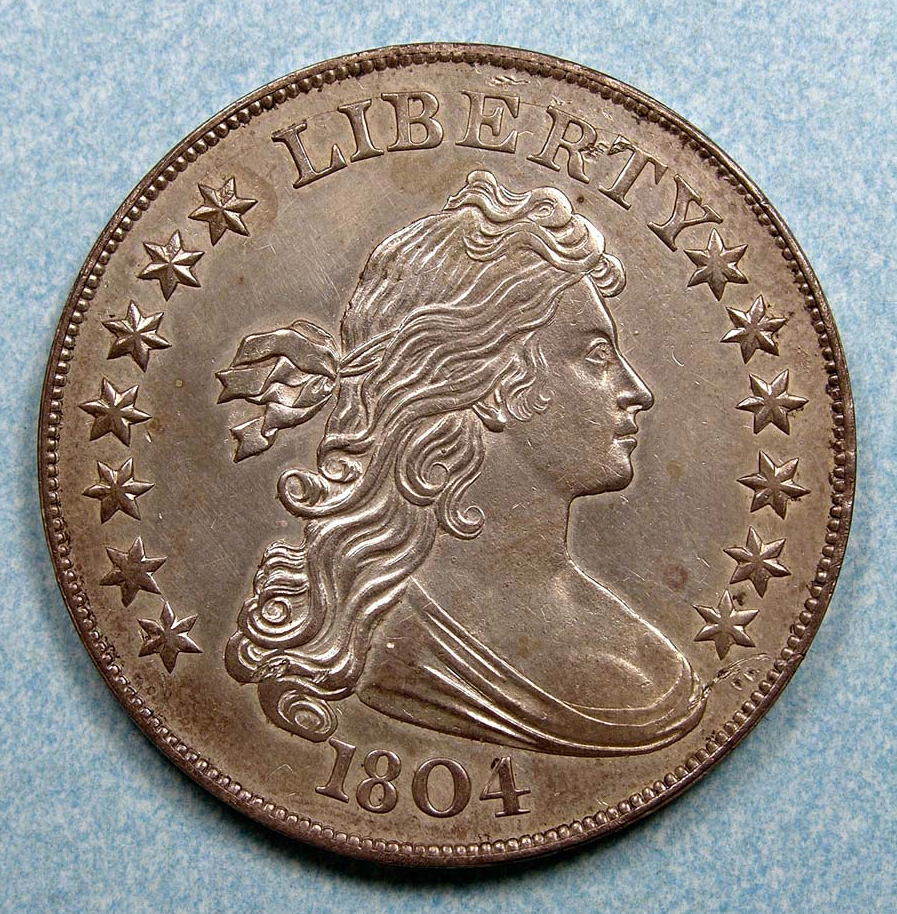 Obverse of the United States Mint specimen of the 1804 Draped Bust dollar, Class I, in the Smithsonian's National Numismatic Collection. The FLOAT constituent is priced at the Class I diplomatic-presentation level; the pictured coin is the Mint's own Class I example.