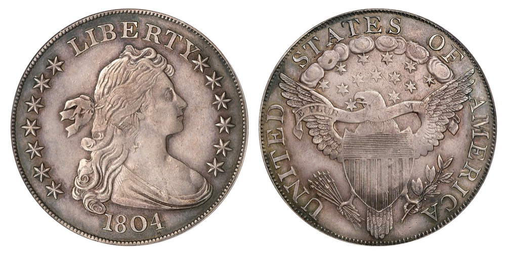 A Class III 1804 Draped Bust dollar, PCGS PR58, obverse and reverse — the example sold by Heritage Auctions in April 2009 for $2.3 million. The FLOAT constituent is priced on the Presidio Collection specimen; whether the pictured coin is that same example is not established by the source page.