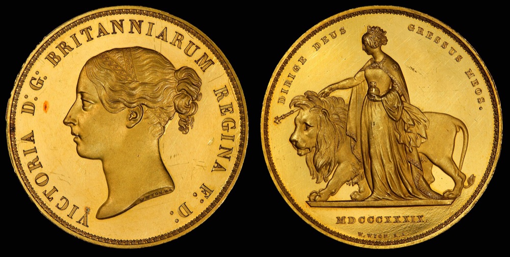 1839 Victoria 'Una and the Lion' five-pound gold proof, obverse and reverse — the Smithsonian's example of the same issue; the tracked specimen is NGC PR66 Ultra Cameo