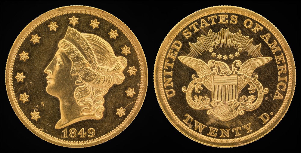 The unique 1849 Liberty Head double eagle pattern, obverse and reverse — this is the actual coin the constituent tracks, held in the Smithsonian's National Numismatic Collection