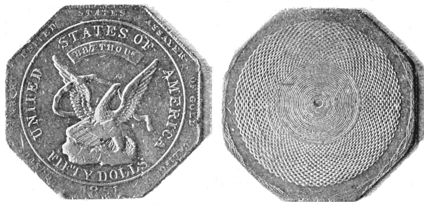 1851 Augustus Humbert fifty-dollar octagonal gold 'slug' with the 887 THOUS fineness banner, obverse and engine-turned reverse, from an 1898 Popular Science Monthly plate; pictured example unidentified — not necessarily the PCGS MS62+ specimen the FLOAT constituent is priced on.