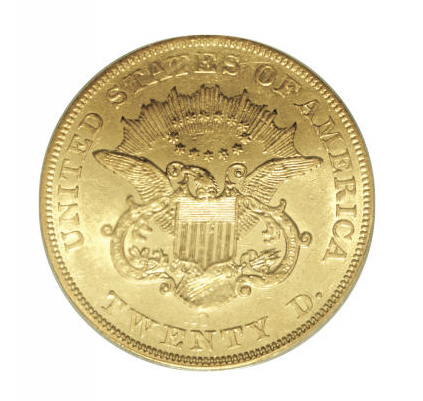 Reverse of an 1856-O Liberty Head double eagle, with the New Orleans mintmark above TWENTY D.; pictured specimen unidentified. The FLOAT constituent is priced on the PCGS AU58 example sold by Heritage Auctions in March 2025.