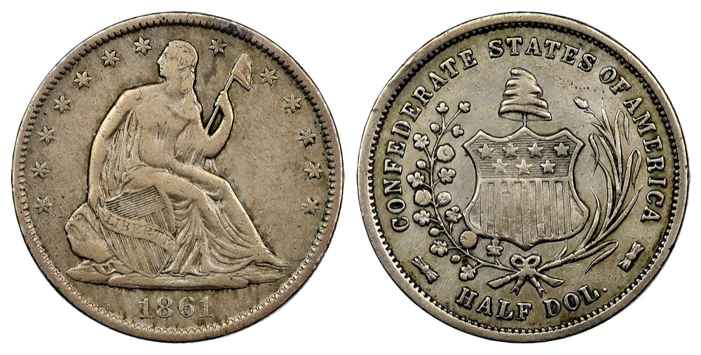1861 Confederate States of America half dollar, Original, obverse and reverse — the example that belonged to CSA President Jefferson Davis, sold by Heritage Auctions in January 2015. The FLOAT constituent is priced on the NGC PR40 Original sold by Stack's Bowers in November 2017; only four originals were struck.