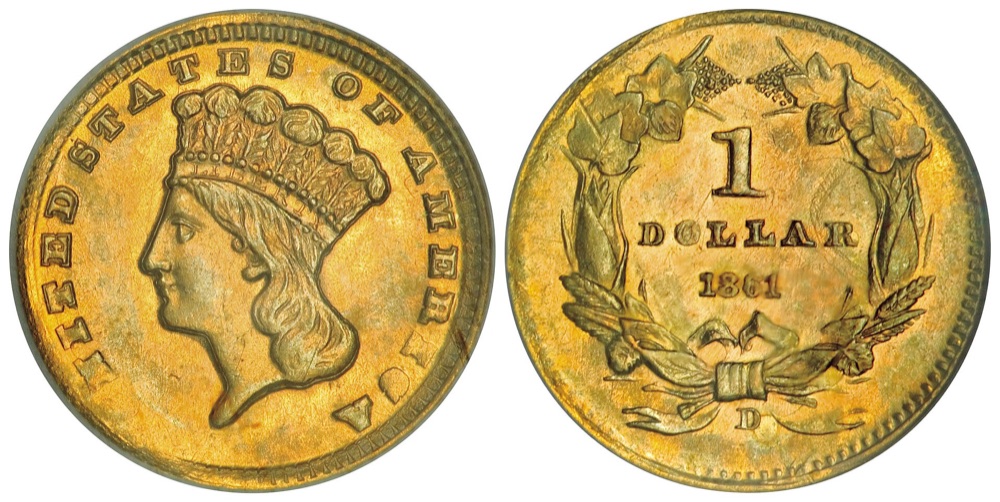 1861-D gold dollar, obverse and reverse with the D mintmark below the wreath bow — the example sold by Heritage Auctions in January 2008; the FLOAT constituent's pricing reflects PCGS AU55-AU58 examples. The 1861-D issue was struck at Dahlonega under Confederate authority.