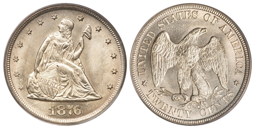 1876-CC twenty-cent piece, obverse and reverse with the CC mintmark below the eagle — the example sold by Heritage Auctions in April 2009, not necessarily the PCGS MS65 that realized $690,000 in August 2024, on which the FLOAT constituent is priced. Fewer than 20 survive.