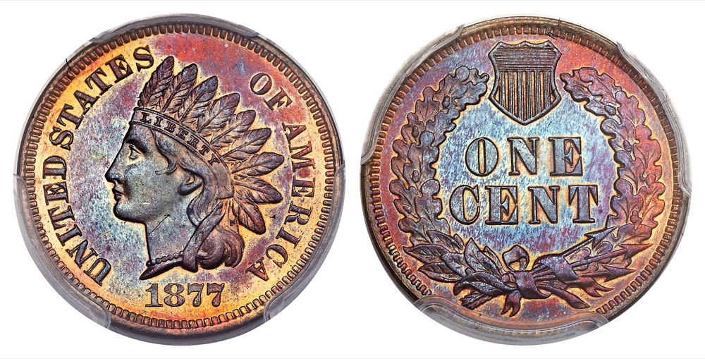 1877 Indian Head cent, obverse and reverse of a proof Red and Brown example — a proof striking of the same key date; the tracked business-strike PCGS MS66 Red specimen is a different coin