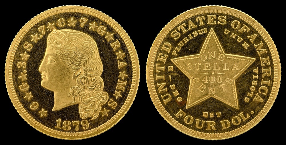 1879 Flowing Hair Stella four-dollar gold pattern, obverse and reverse — the Smithsonian's example of the same issue; the tracked Judd-1635 PCGS PR66 Cameo CAC specimen is a different coin