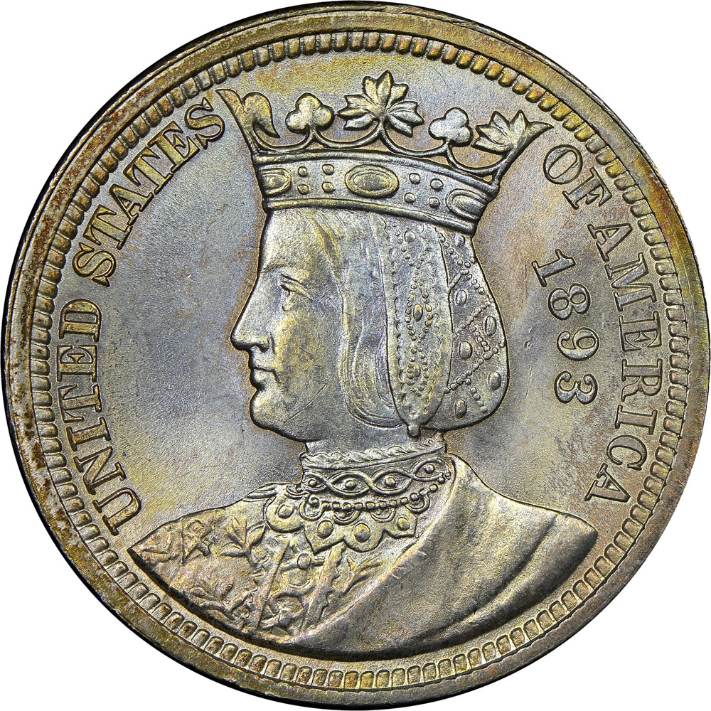 1893 Isabella quarter obverse with the crowned bust of Queen Isabella — another example of the same Columbian Exposition commemorative; the tracked PCGS MS65 Prooflike specimen is a different coin