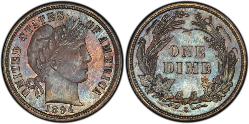 An 1894-S Barber dime, obverse and reverse. Issue-level image; the pictured specimen is unidentified, and the FLOAT constituent is priced on the finest-known example.