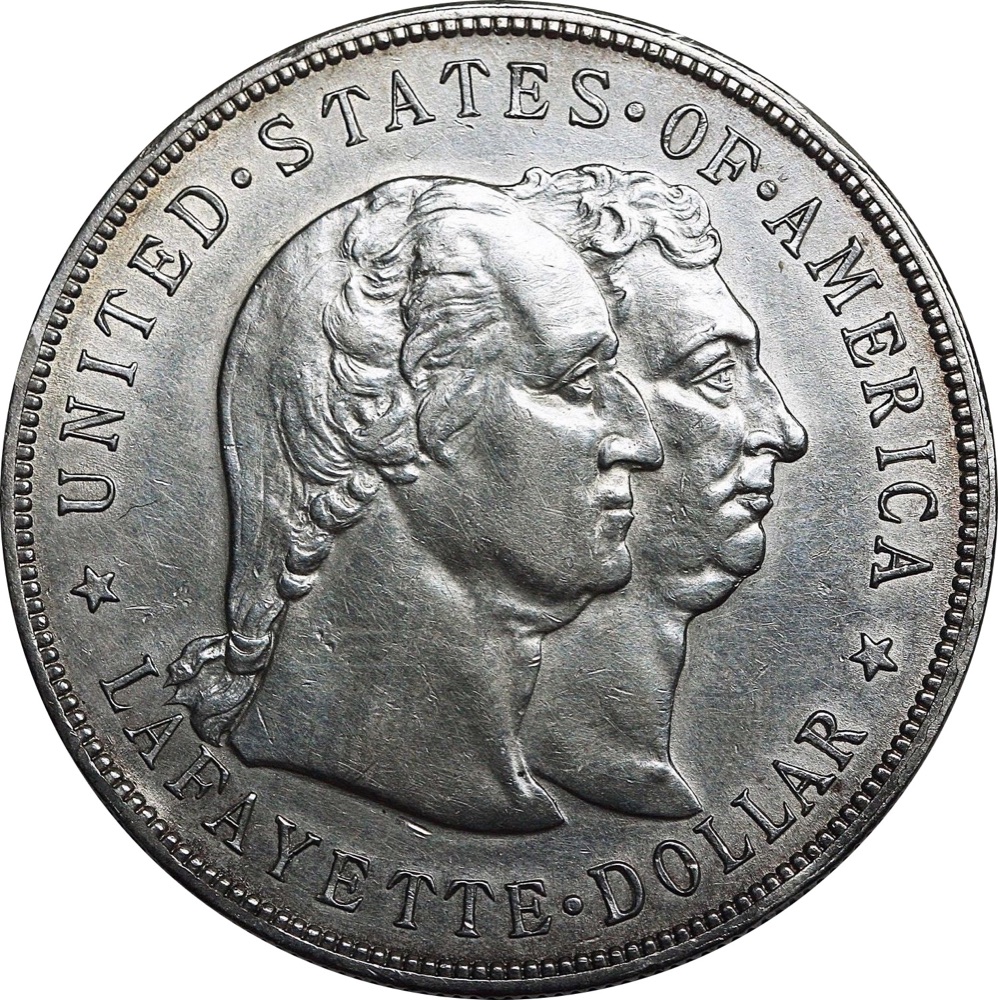 1900 Lafayette dollar obverse with the conjoined heads of Washington and Lafayette — another example of the same commemorative issue; the tracked PCGS MS65 specimen is a different coin