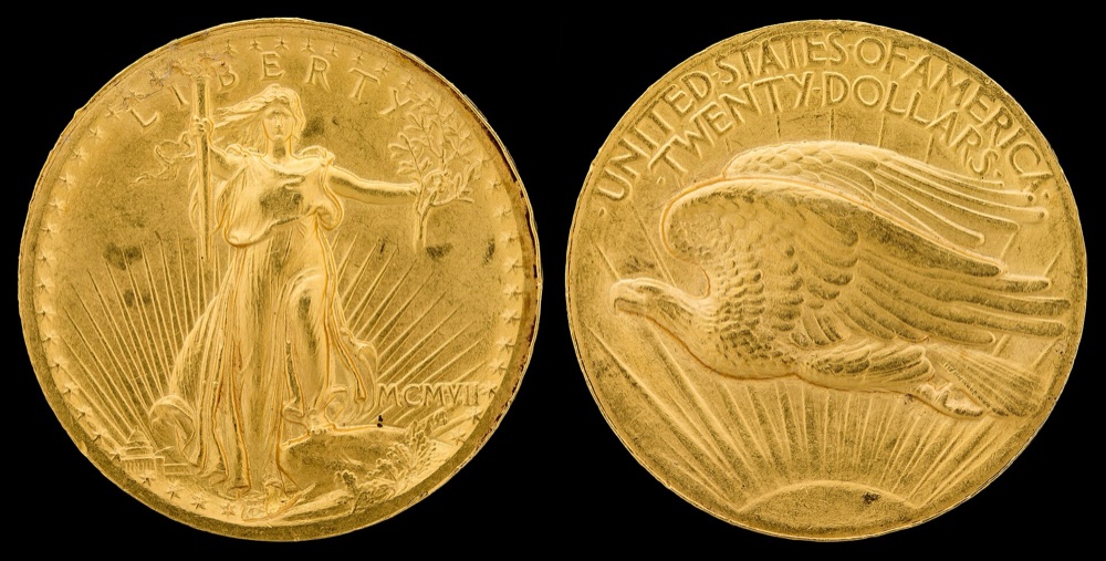 1907 High Relief Saint-Gaudens double eagle with Roman numerals MCMVII, obverse and reverse — the Smithsonian's example of the same issue; the tracked Wire Rim PCGS MS65 specimen is a different coin