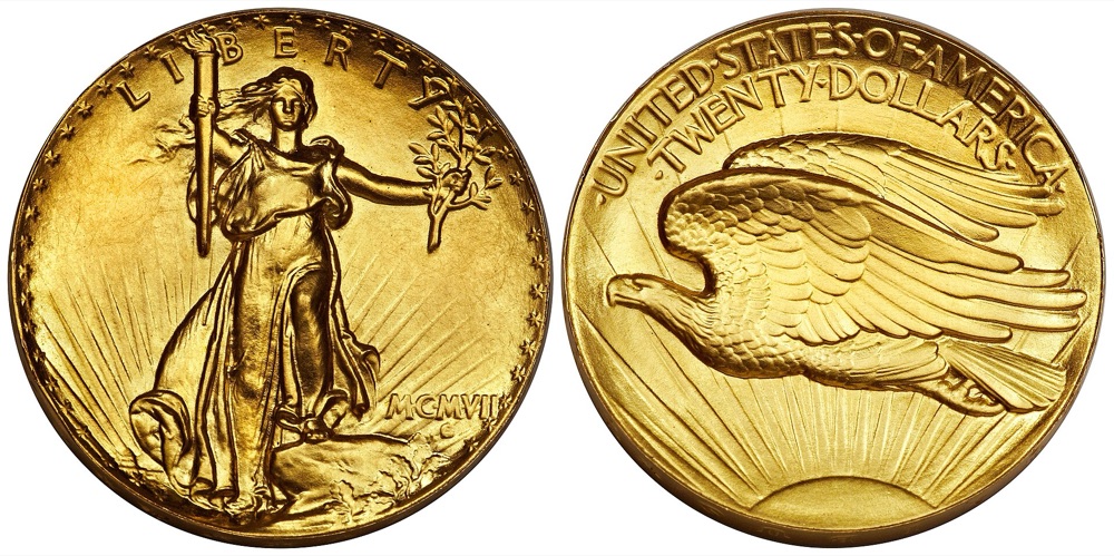 A 1907 Ultra High Relief double eagle with inverted edge letters, obverse and reverse — the example sold by Heritage Auctions in January 2015, graded PR68 by both NGC and PCGS, not the Eliasberg-Bass PR69 the FLOAT constituent is priced on.