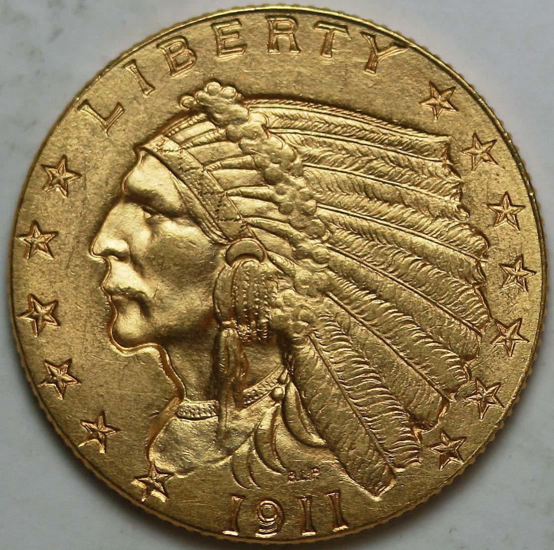 Obverse of a 1911-D Indian Head quarter eagle; pictured specimen unidentified (photographed by Lost Dutchman Rare Coins). The D mintmark sits on the reverse of this incuse design. The FLOAT constituent is priced on the PCGS MS66+ Strong D sold in January 2025.
