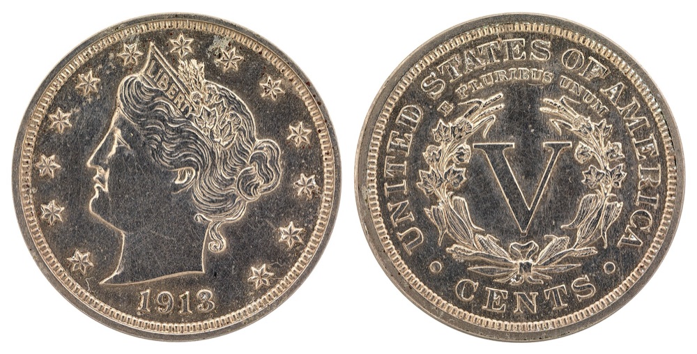 1913 Liberty Head nickel, obverse and reverse — the Smithsonian National Numismatic Collection's example, not the Walton specimen the FLOAT constituent is priced on. One of only five known.
