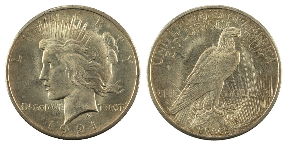 1921 Peace dollar, obverse and reverse — the Smithsonian's example of the same first-year High Relief issue; the tracked PCGS MS65 specimen is a different coin