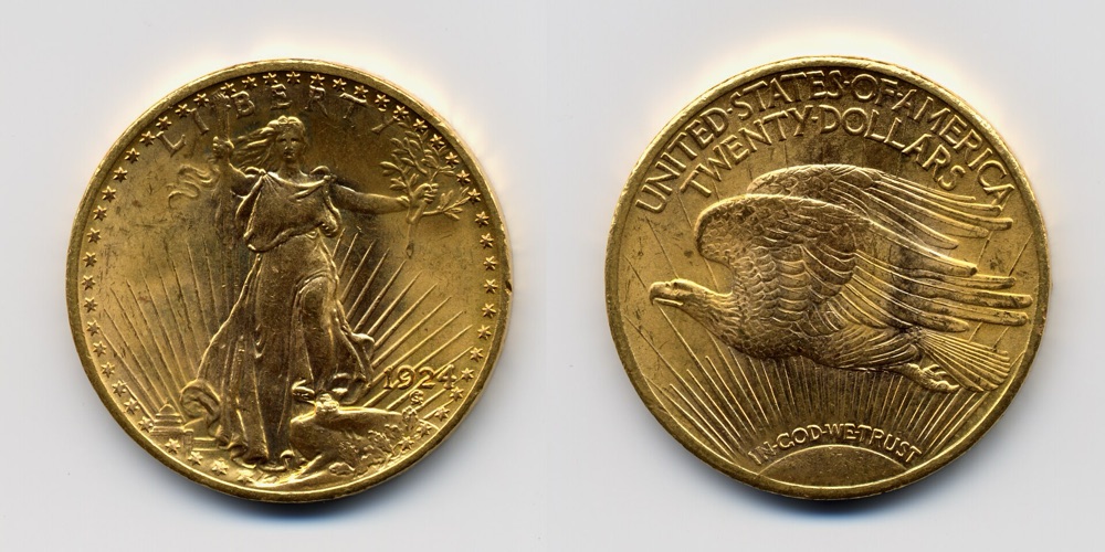 1924 Saint-Gaudens double eagle, obverse and reverse, no mintmark — another example of the same Philadelphia issue; the tracked NGC MS66+ specimen is a different coin