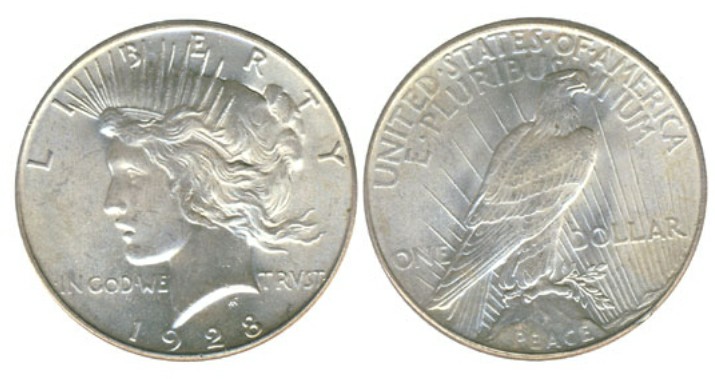 1928 Peace dollar, obverse and reverse; no mintmark appears on the reverse, identifying the key-date Philadelphia issue. Pictured specimen unidentified (United States Mint photograph); the FLOAT constituent is priced on the PCGS MS66 sold in September 2023.