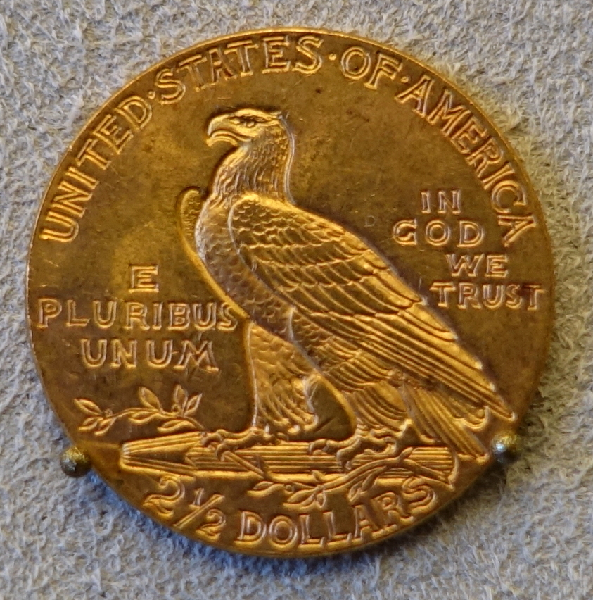 Reverse of a 1929 Indian Head quarter eagle — the example exhibited at the Bode-Museum, Berlin; the FLOAT constituent is priced on a PCGS MS66. The date sits on the obverse; 1929 quarter eagles were struck only at Philadelphia and no mintmark appears on this reverse, consistent with the issue.
