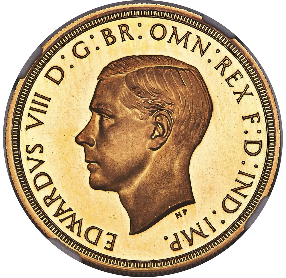 Obverse of the 1937 Edward VIII gold pattern five pounds (five sovereign), left-facing Paget portrait, EDWARDVS VIII legend — an NGC-certified PR67 Ultra Cameo example photographed by Heritage Auctions; the FLOAT constituent is priced on the NGC PF67 Ultra Cameo sold in Monaco in October 2021.