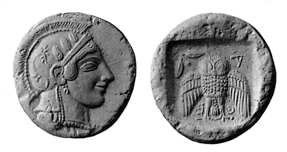 Athens silver decadrachm, head of Athena and facing owl with spread wings, in a 1901 photographic plate of the Berlin Museum's example — the same issue as the tracked CNG-graded VF specimen, which is a different coin