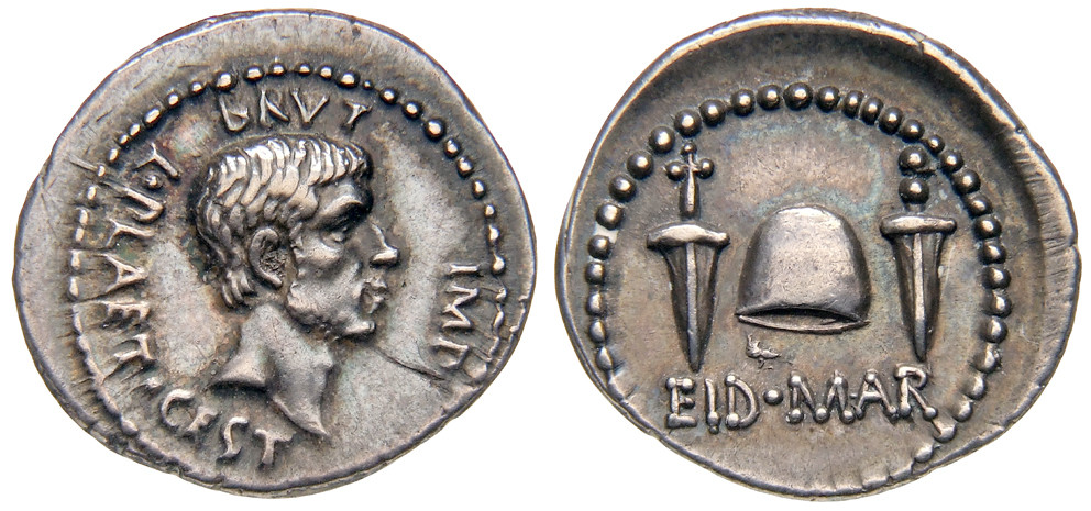EID MAR silver denarius of Brutus, obverse portrait and reverse with pileus between two daggers above EID MAR — the Berlin Münzkabinett's example of the same issue; the tracked NGC Mint State specimen is a different coin