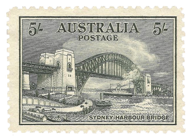 The 1932 Australia 5/- blue-green Sydney Harbour Bridge (SG 143) - the top value of the commemorative set this constituent prices.