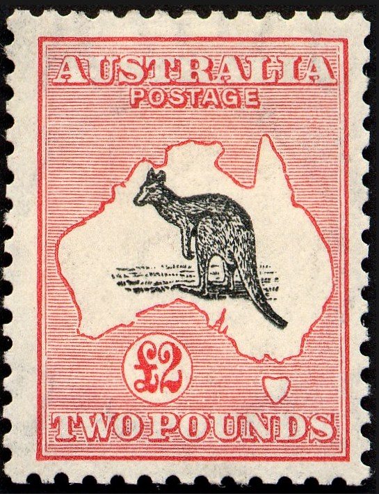 The 1913 Australia GBP 2 black and rose 'Kangaroo and Map' (SG 16), First Watermark series - an example of the issue.