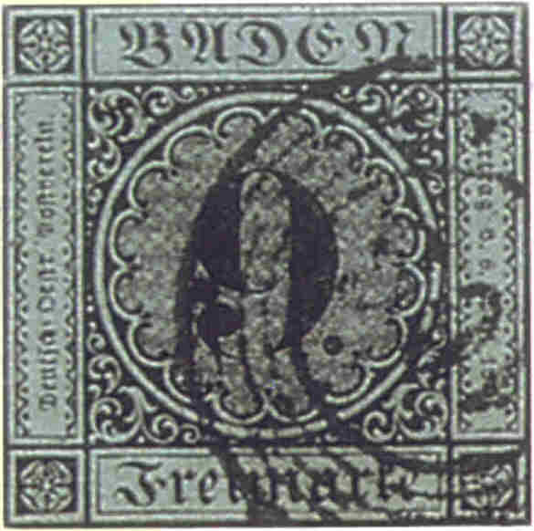A canceled single of the 1851 Baden 9 Kreuzer printed on blue-green paper in error (only four examples known) - shown as a loose stamp, whereas the constituent's headline price attaches to the famous cover sold in 2019.