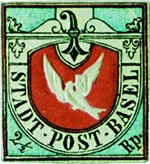 An unused example of the 1845 Basel Dove (2 1/2 rappen) - the embossed white dove on a red shield, printed in black, crimson and blue, the world's first three-color stamp.