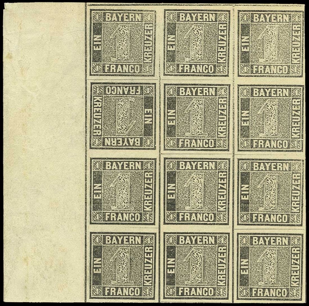 A mint marginal block of twelve of Bavaria's 1849 1-kreuzer black 'Schwarzer Einser' containing an inverted (tete-beche) cliche - sold for EUR 320,000 per the source; the record first-day cover named by this constituent is not pictured.