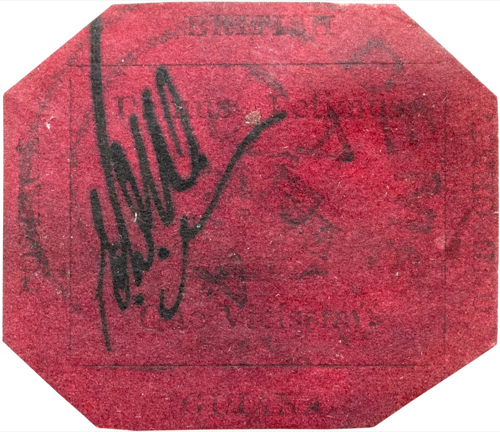 The unique British Guiana 1c Magenta of 1856 itself - the only known example: octagonal, black ship vignette on magenta paper, with clerk initials and postmark, photographed for its 2014 Sotheby's sale.