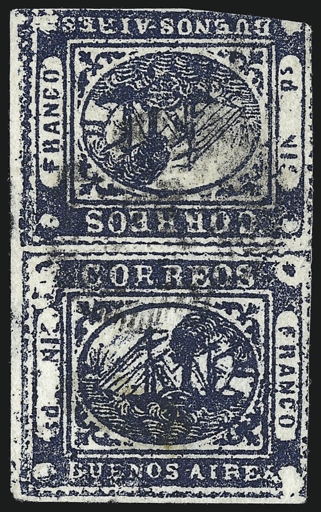 The 1859 Buenos Aires 1-peso 'In Ps' deep blue tete-beche pair, positions 33/41 with the inverted cliche of the second setting - the unique error pair this constituent prices.