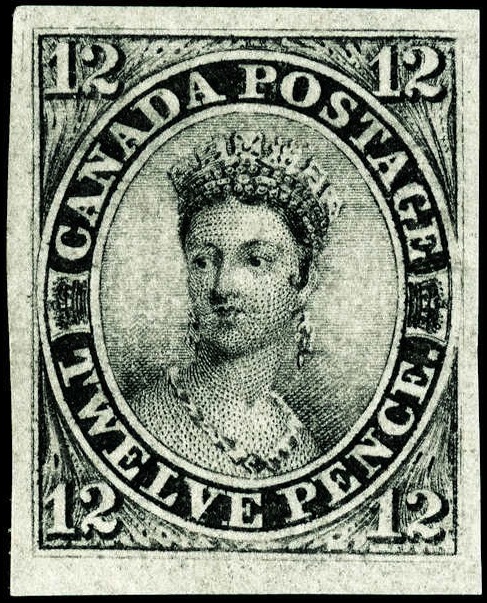 An 1851 Canada 12d black on laid paper (SG 5) - per the Commons description, the example sold by Spink Shreve Galleries in January 2011 for US$425,000; the constituent prices a mint pair, not this single.
